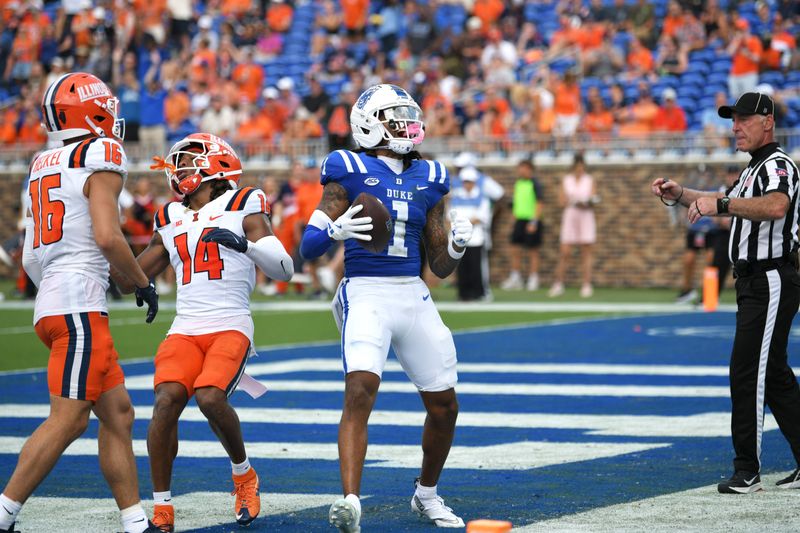 Sep 6, 2025; Durham, North Carolina, USA; Duke Blue Devils safety Terry Moore (1) celebrates a touchdown in the third quarter against the Illinois Fighting Illini at Wallace Wade Stadium. Mandatory Credit: Zachary Taft-Imagn Images