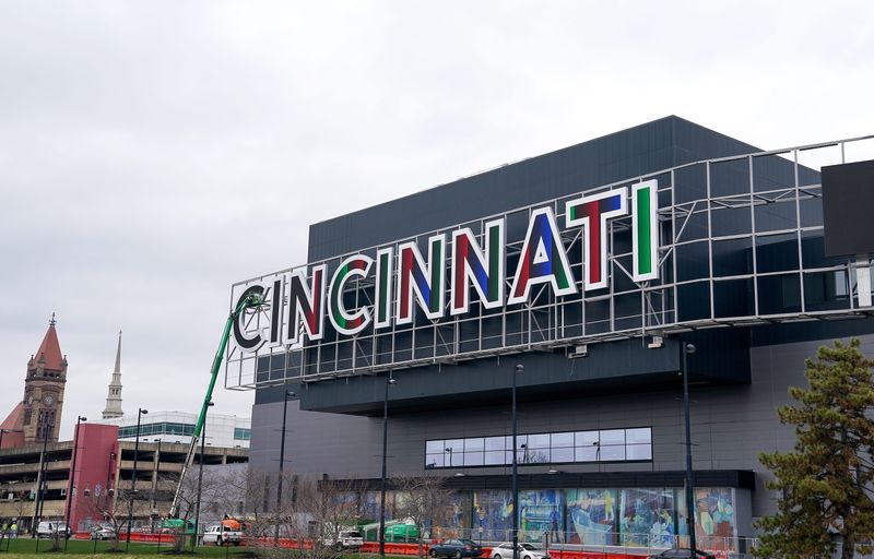 The renovated "Cincinnati" sign lights are turned on at the Duke Energy Convention Center in downtown Cincinnati, Tuesday, Dec. 23, 2025.