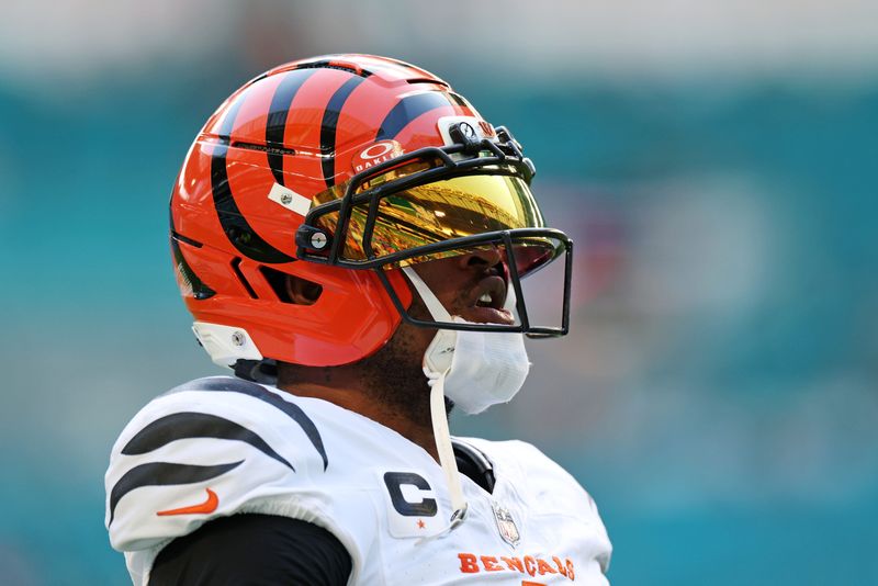 Dec 21, 2025; Miami Gardens, Florida, USA; Cincinnati Bengals wide receiver Ja'Marr Chase (1) warms up before the game against the Miami Dolphins at Hard Rock Stadium. Mandatory Credit: Nathan Ray Seebeck-Imagn Images