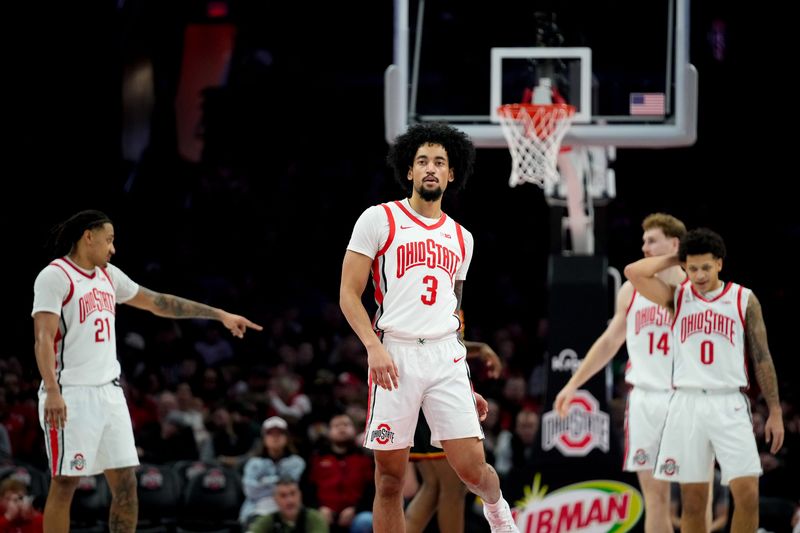 Ohio State Buckeyes guard Taison Chatman (3) prepares to play defense in the first half of the NCAA men’s basketball game Value City Arena on Tuesday, Dec. 23, 2025 in Columbus, Ohio.