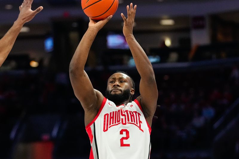 Ohio State Buckeyes guard Bruce Thornton (2) shoots the ball in the first half of the NCAA menâ€™s basketball game Value City Arena on Tuesday, Dec. 23, 2025 in Columbus, Ohio.
