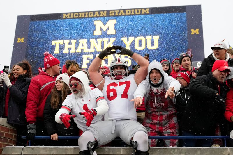 Ohio State Buckeyes offensive lineman Austin Siereveld (67) celebrates following the NCAA football game against the Michigan Wolverines at Michigan Stadium in Ann Arbor, Mich. on Nov. 29, 2025. Ohio State won 27-9.