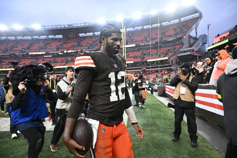 Browns quarterback Shedeur Sanders exits the field after a win over the Pittsburgh Steelers, Dec. 28, 2025, in Cleveland.