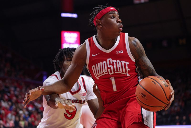 Jan 2, 2026; Piscataway, New Jersey, USA; Ohio State Buckeyes forward Amare Bynum (1) is guarded by Rutgers Scarlet Knights forward Dylan Grant (9) during the first half at Jersey Mike's Arena. Mandatory Credit: Vincent Carchietta-Imagn Images