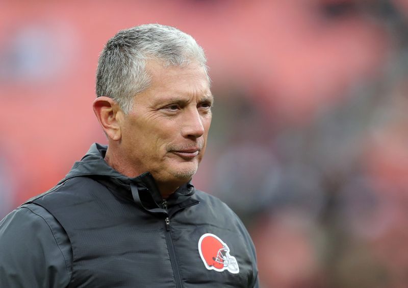 Cleveland Browns defensive coordinator Jim Schwartz watches the team warm up before an NFL football game at Huntington Bank Field, Nov. 16, 2025, in Cleveland, Ohio.