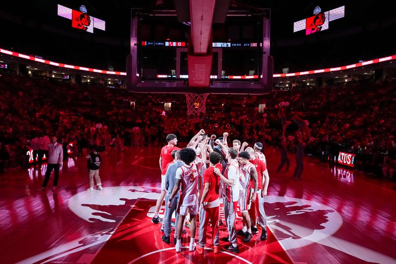 The Ohio State Buckeyes huddle prior to the NCAA men's basketball game against the Nebraska Cornhuskers at the Schottenstein Center in Columbus on Jan. 5, 2026.
