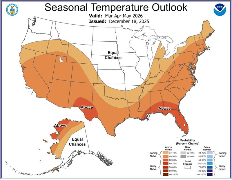 NOAA March, April and May 2026 temperature outlook for the United States.