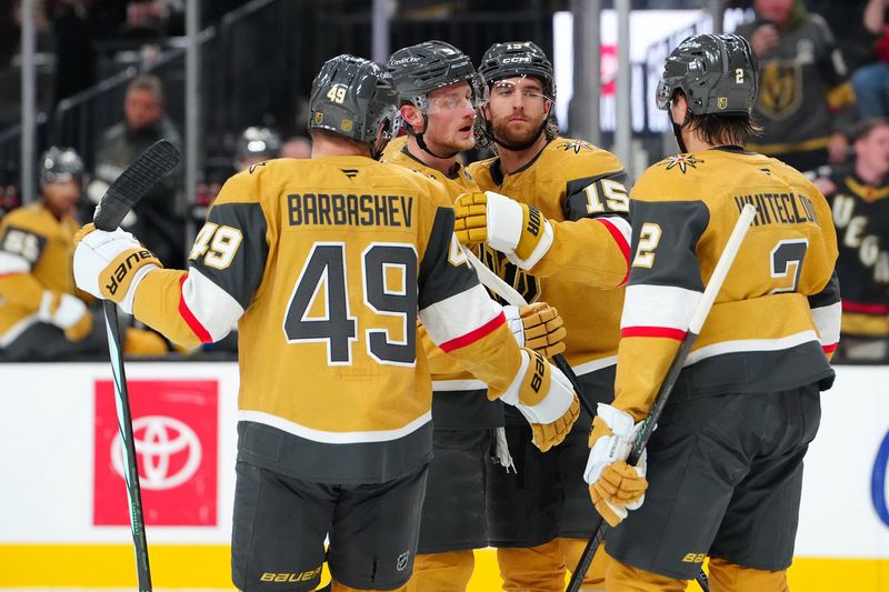 Jan 8, 2026; Las Vegas, Nevada, USA; Vegas Golden Knights center Jack Eichel (9) celebrates with team mates after scoring a goal against the Columbus Blue Jackets during the second period at T-Mobile Arena. Mandatory Credit: Stephen R. Sylvanie-Imagn Images