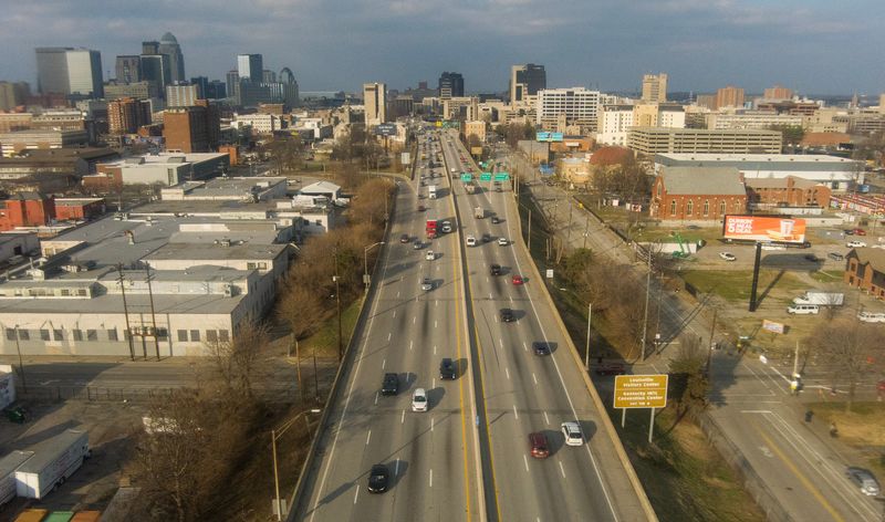 Interstate 65 cuts through the middle of the urban core in Louisville, Kentucky. January 6, 2026