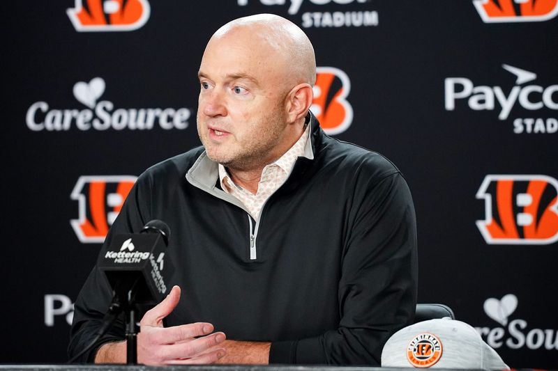 Cincinnati Bengals Director of Player Personnel Duke Tobin addresses the media during a press conference, Friday, Jan. 9, 2026, at Paycor Stadium in downtown Cincinnati.