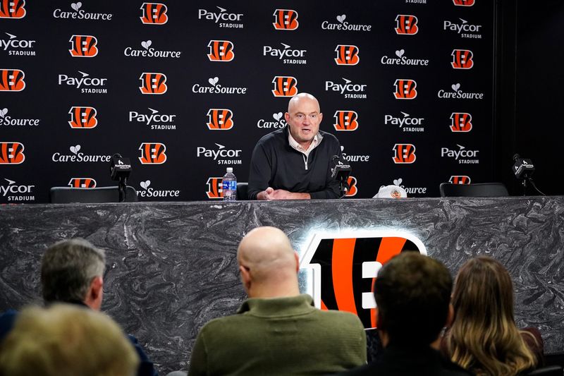 Cincinnati Bengals Director of Player Personnel Duke Tobin addresses the media during a press conference, Friday, Jan. 9, 2026, at Paycor Stadium in downtown Cincinnati.