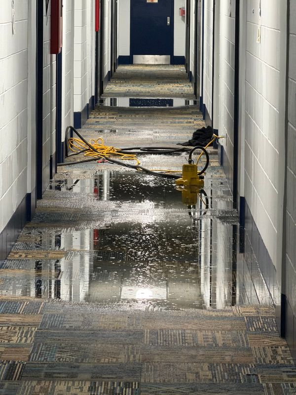 The hallways of Ohio State University residence hall Taylor Tower, seen on the morning of Jan. 10, 2026, after a significant pipe failure caused major flooding on several of the dormitory's 12 stories.