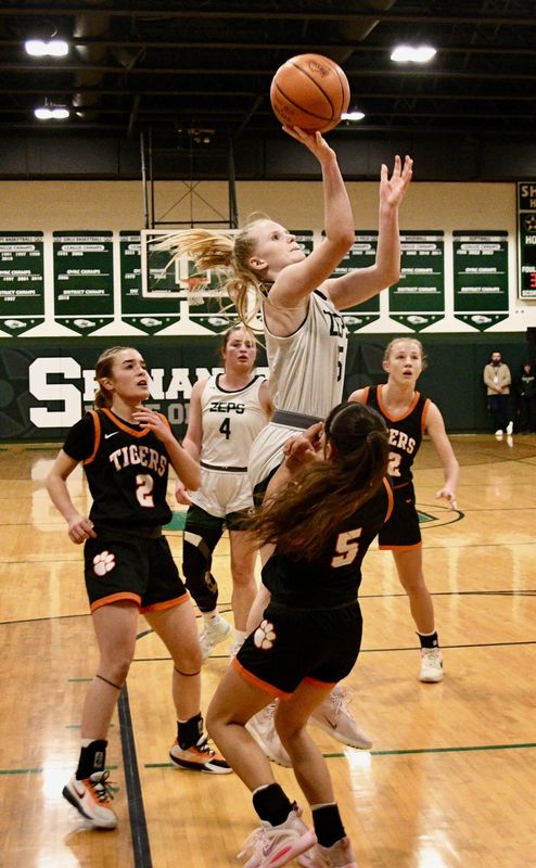 Shenandoah freshman Emma Dailey (15) puts up a shot during action with visiting Strasburg on Monday, January 12, 2026. Dailey finished with a game-high 20 points in the Zeps 57-38 victory over the Tigers in the battle of state-ranked squads.