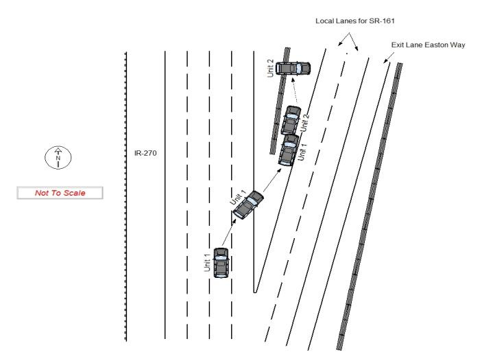 A crash diagram on a Columbus Division of Police crash report shows how police believe a fatal crash unfolded on Jan. 12 at the State Route 161/Easton Way exit on Interstate 270 north in Columbus. Unit 1 was operated by Jonathan Butler, 76, of Columbus, and Unit 2 was the vehicle Lydia Awah, 44, of Westerville, was stopped inside on the left median shoulder of the exit when she was struck by Butler's vehicle.