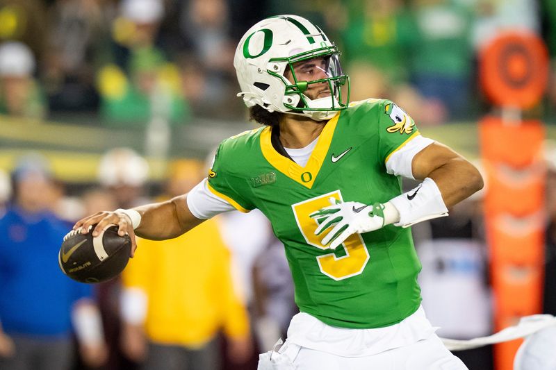 Oregon quarterback Dante Moore looks to pass as the Oregon Ducks host the Minnesota Golden Gophers on Nov. 14, 2025, at Autzen Stadium in Eugene, Oregon.