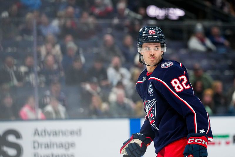 Columbus Blue Jackets Mikael Pyyhtia (82) reacts in the first period of the NHL game at Nationwide Arena on Thursday, Jan. 15, 2026 in Columbus, Ohio.