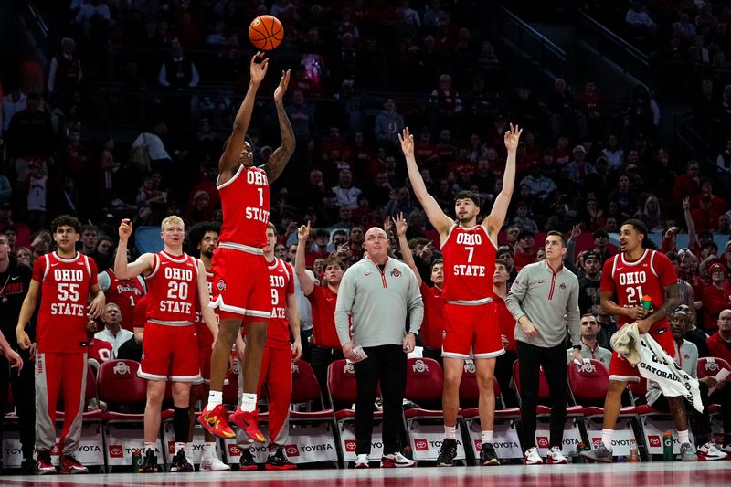 Ohio State Buckeyes forward Amare Bynum (1) shoots a three point shot in the second half at Value City Arena on Saturday, Jan. 17, 2026 in Columbus, Ohio.