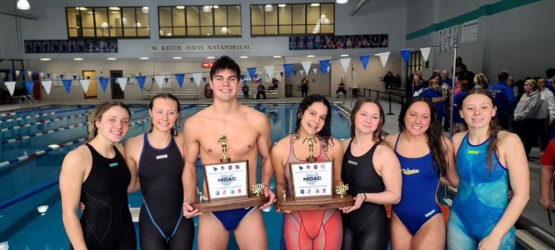 Ontario's senior class of Sasha Bulakovski, Joie Simmering, Grantham Trumpower, Alexia Sesco, Tessa Crum and Lily Secrist celebrate their boys and girls title sweep in the Mid-Ohio Athletic Conference meet.
