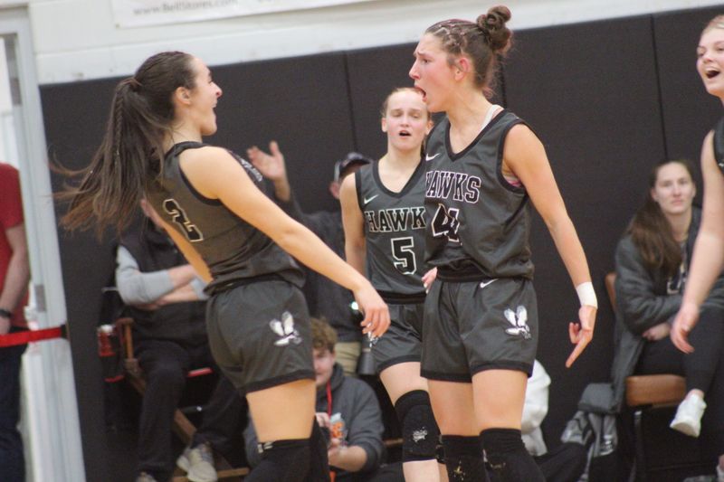 Hiland guards Macy Mullet (left) and Perryn Mishler (right) are fired up after Mullet made a three-pointer at the buzzer to end the first half. Hiland took a 38-26 lead into halftime vs. Norwayne.