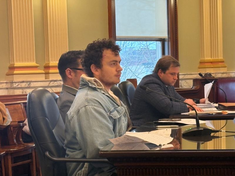 Dylan P. Goodin, 25, answers questions from Licking County Common Pleas Judge Thomas Marcelain during a sentencing hearing Jan. 21 at the Licking County Courthouse in Newark.