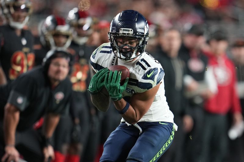 Jan 3, 2026; Santa Clara, California, USA; Seattle Seahawks wide receiver Jaxon Smith-Njigba (11) makes a catch against the San Francisco 49ers during the second half at Levi's Stadium. Mandatory Credit: Neville E. Guard-Imagn Images