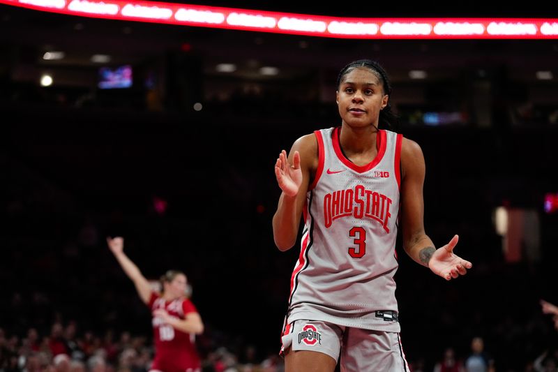 Ohio State Buckeyes guard Kennedy Cambridge (3) reacts in the first half of the NCAA basketball game at Value City Arena on Thursday, Jan. 22, 2026 in Columbus, Ohio.