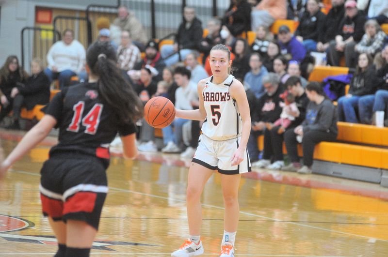 Ashland's Grace Tobias controls the ball at the top of the arc with New Philadelphia's Marissa Roth closing in.