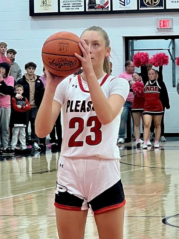 Pleasant's Brooklin Davis lines up a free throw during a home girls basketball game with Marion Harding Jan. 24, 2026.