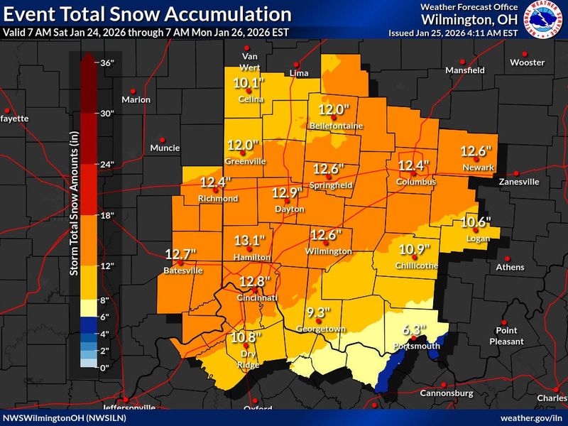 Graphic shows total expected snow accumulation from the weekend winter storm, through Monday, Jan. 26, 2026.