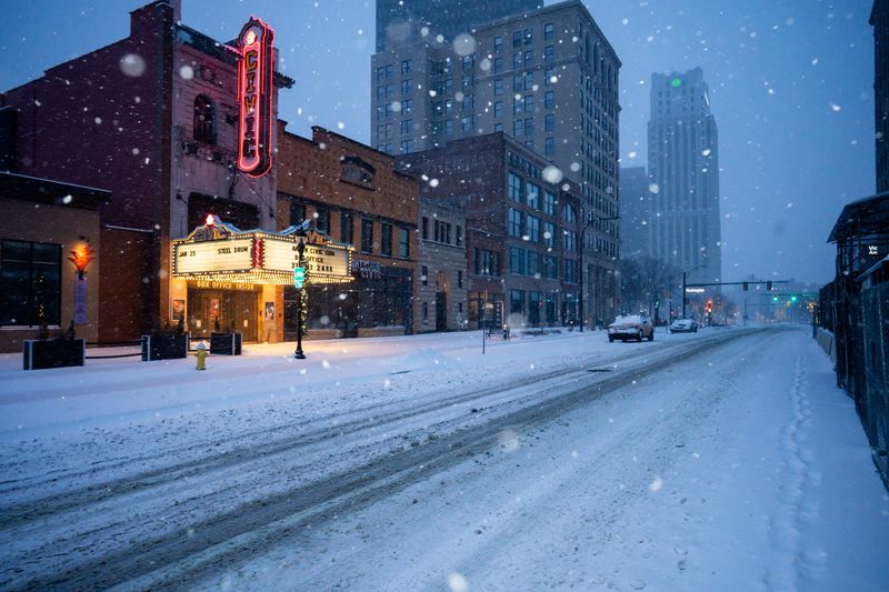 The Civic Theater at daybreak as Winter Storm Fern moves through the region, Jan. 25, 2026, in Akron, Ohio.