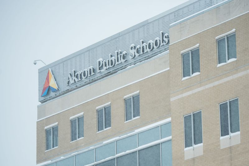 The Akron Public Schools building is seen as Winter Storm Fern lingers over the region, Jan. 25, 2026, in Akron, Ohio.