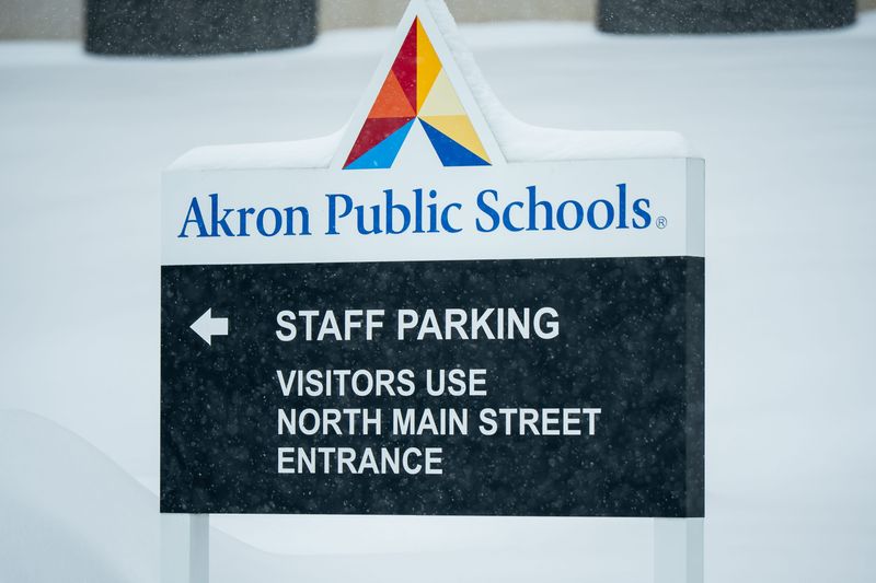 The Akron Public Schools building is seen as Winter Storm Fern lingers over the region, Jan. 25, 2026, in Akron, Ohio.