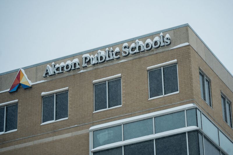 The Akron Public Schools building is seen as Winter Storm Fern lingers over the region, Jan. 25, 2026, in Akron, Ohio.