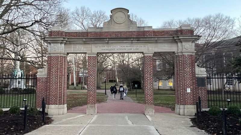 The Alumni Gateway stands at the intersection of Court and Union Streets in Athens, Ohio, welcoming visitors to the Ohio University campus. Photographed Jan. 12, 2026.
