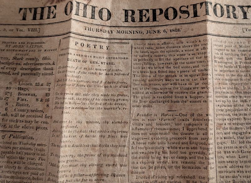 An 1822 edition of The Ohio Repository that Gina Silkworth of the Denver area found among her family's belongings offers on its front page a poem about the "Death of Gen. Stark." Stark County was named after Gen. John Stark.