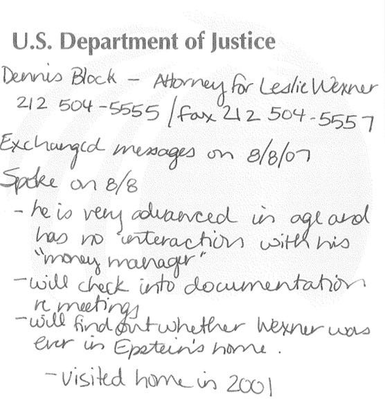 A handwritten note from a Department of Justice official details a 2007 call the person had with an attorney for Les Wexner on the retail mogul's relationship with Jeffrey Epstein.