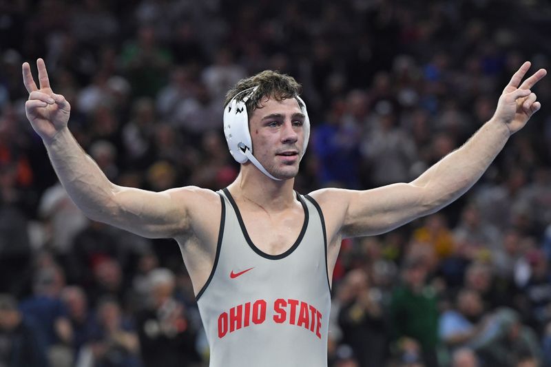 Mar 22, 2025; Philadelphia, PA, USA; Jesse Mendez of the Ohio State Buckeyes celebrates win during the Division I Men's Wrestling Championship held at Wells Fargo Center. Mandatory Credit: Eric Hartline-Imagn Images