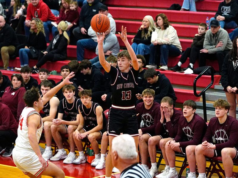 Ben Stamm hits a 3-pointer during the fourth quarter of John Glenn's 64-44 win against host Sheridan in a boys high school basketball game on Friday, Jan. 30, 2026, at Glen Hursey Gymnasium. Stamm hit a pair of 3s among his 12 points as four Muskies reached double figures in taking a one-game lead in the Muskingum Valley League-Big School Division.