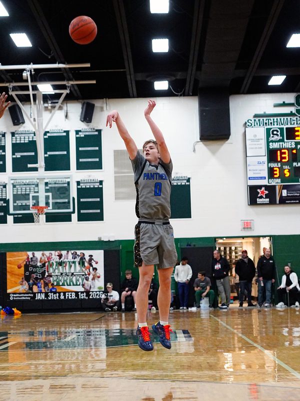 Gator Nichols shoots a 3 during the first quarter of Maysville's 82-76 win against three-time defending state champion Cleveland Heights Lutheran East on Feb. 1, 2026, at Berkey Fieldhouse in Smithville, Ohio. Nichols had 17 of his 26 points before halftime as the Panthers handed LE its first loss.