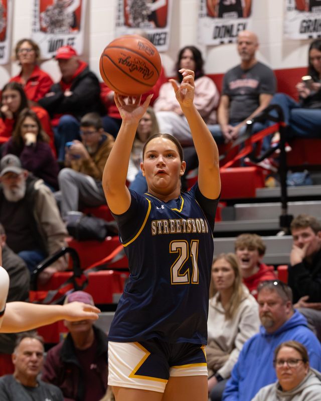 Streetsboro's Ava Bodovetz shoots a three-point shot during a high school basketball game against Norton High School on Monday, February 2, 2026 in Norton, OH.
