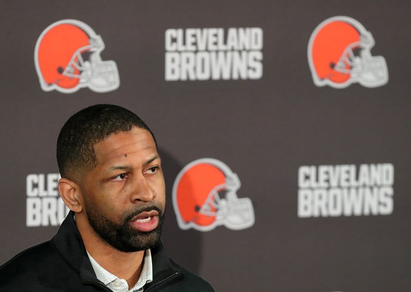 Cleveland Browns general manager Andrew Berry speaks about the hiring process during Todd Monken’s introductory press conference at the Cleveland Browns training facility, Feb. 3, 2026, in Berea, Ohio.