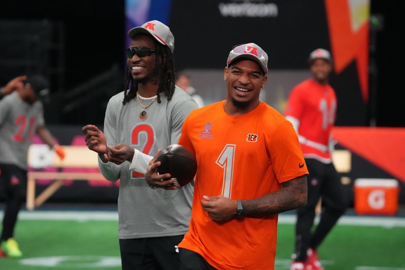 Feb 1, 2026; San Francisco, CA, USA; Cincinnati Bengals receiver Ja'Marr Chase (1) during AFC practice at the Flag Fieldhouse Moscone Center South Building. Mandatory Credit: Kirby Lee-Imagn Images