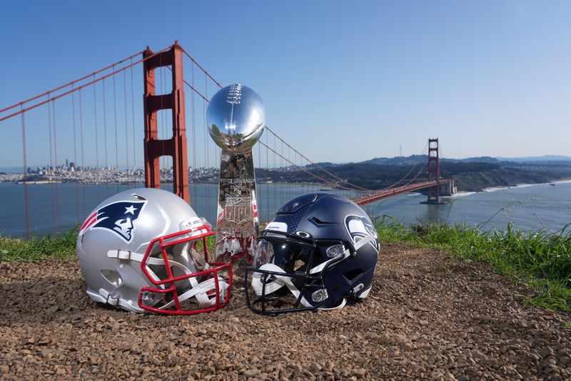 New England Patriots and Seattle Seahawks helmets with a Vince Lombardi Super Bowl trophy at the Golden Gate bridge in San Francisco on Jan. 29, 2026.