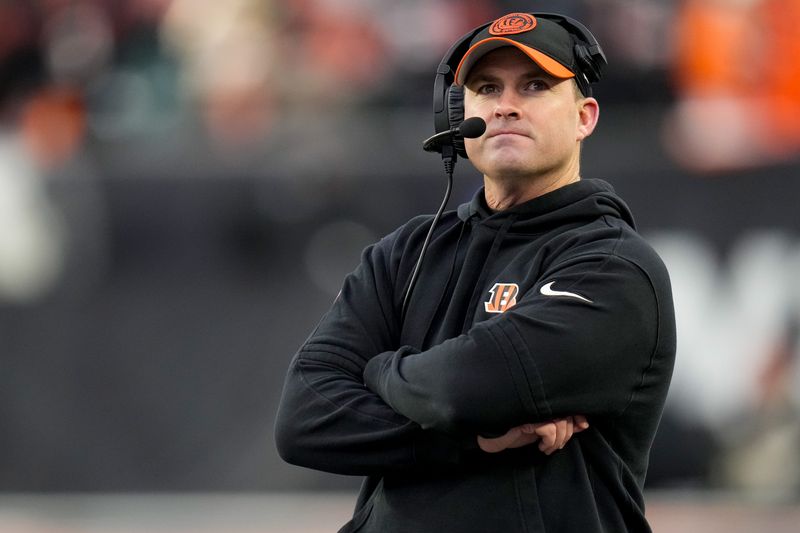 Cincinnati Bengals head coach Zac Taylor watches the video board in the fourth quarter of the NFL Week 18 game between the Cincinnati Bengals and the Cleveland Browns at Paycor Stadium in downtown Cincinnati on Sunday, Jan. 7, 2024.