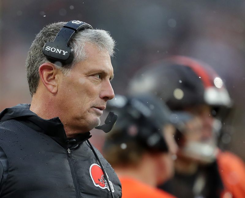 Cleveland Browns defensive coordinator Jim Schwartz works the sideline during the second half of an NFL football game at Huntington Bank Field, Dec. 7, 2025, in Cleveland, Ohio.
