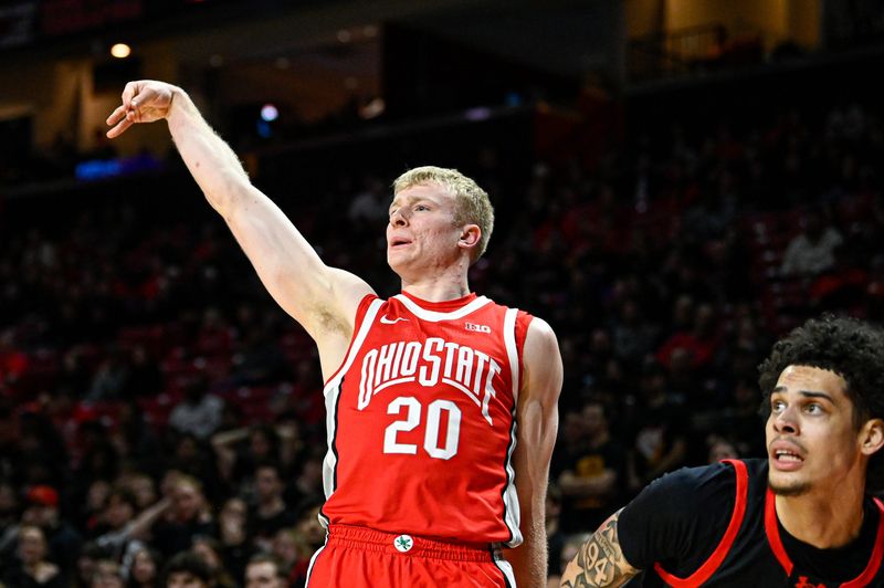 Feb 5, 2026; College Park, Maryland, USA; Ohio State Buckeyes forward Colin White (20) shoots a three point basket shot as Maryland Terrapins forward Aleks Alston (24) looks on during the first half at Xfinity Center. Mandatory Credit: Tommy Gilligan-Imagn Images