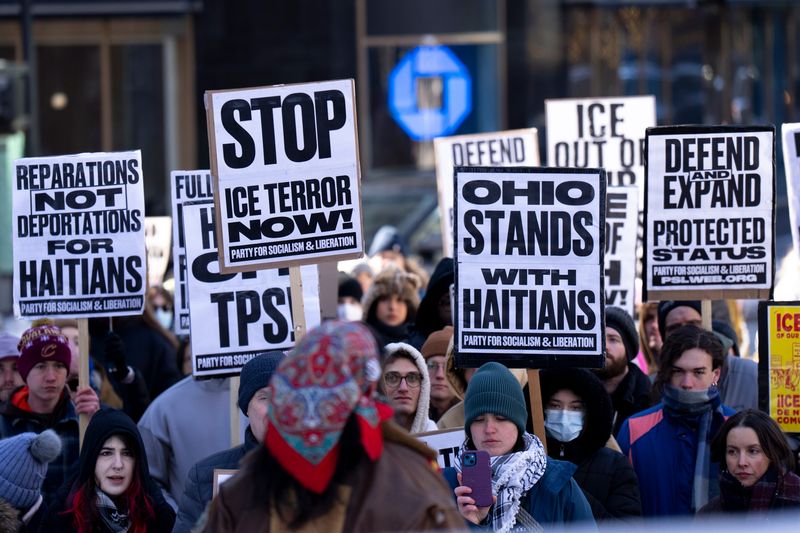 Pepper Magisa speaks during a protest held by the Socialism and Liberation party in support of local Haitian immigrants and against any ICE action at Fountain Square in Cincinnati on February. 7, 2026.