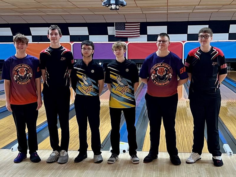 The top six at the Mid Ohio Athletic Conference Boys Bowling Tournament held Feb. 7, 2026, at Victory Lanes were honored and from left they are Galion's Braxton Hall, Pleasant's Tucker Ludwig, River Valley's Nolan Howard, RV's Daegan Endicott, Galion's Landon Fairchild and Pleasant's Bryan Brandt.