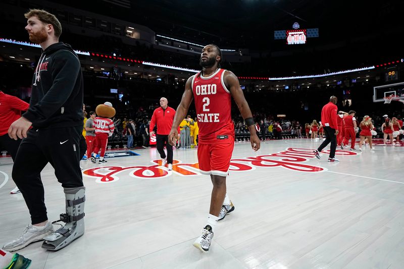 Ohio State Buckeyes guard Bruce Thornton (2) leaves the court following the NCAA men's basketball game against the Michigan Wolverines at the Schottenstein Center in Columbus on Feb. 8, 2026. Ohio State lost 82-61.
