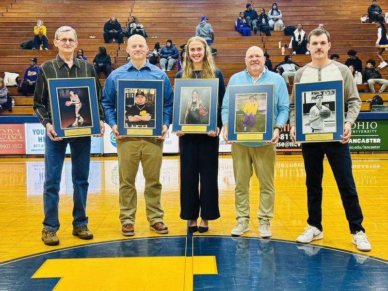 Five new members were inducted into the Gary Mauller Lancaster High School Athletic Wall of Honor Feb. 6, 2025. They are, from left to right, Dave Miller, Kyle Mackie, Anna Hartig, Doug Conroy, and Jacob Arter.